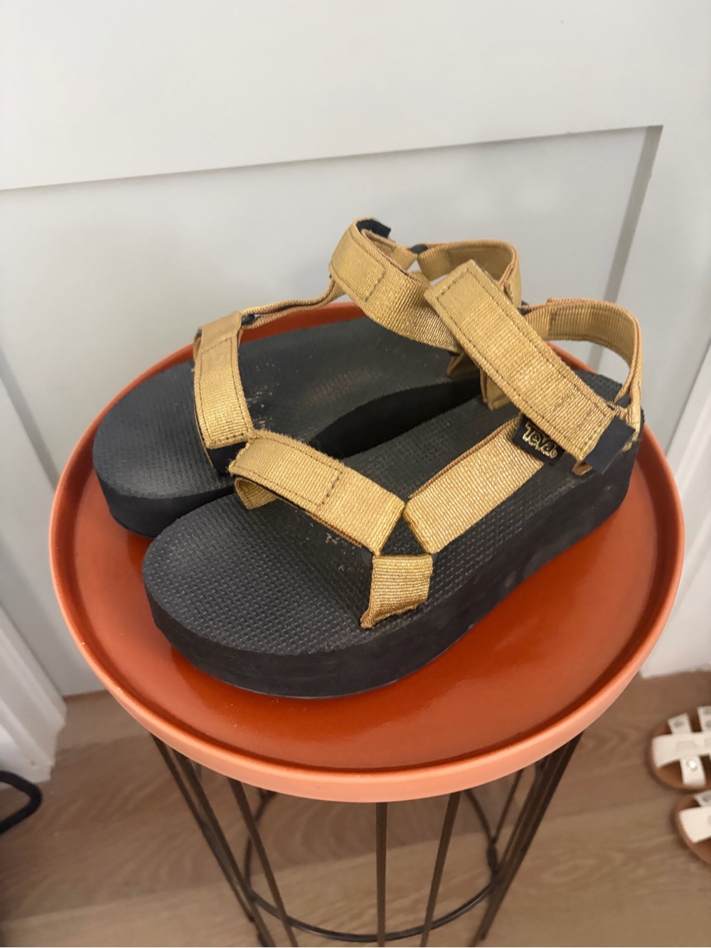 Teva Gold Strap Platform Sandals with Black Footbed